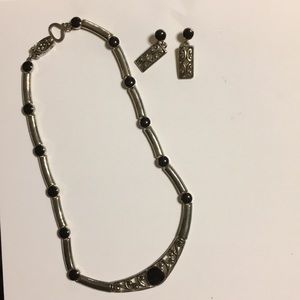 Black stone & silver Necklace & Earring Set